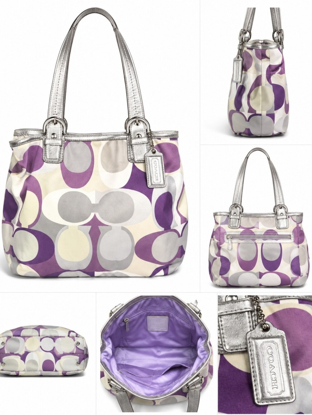 Coach Purple Multi Signature Tote with Silver Handles
